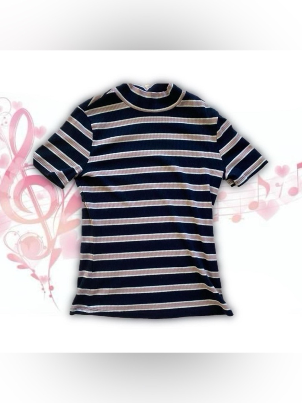 hippie rose navy/pink striped mock-neck top